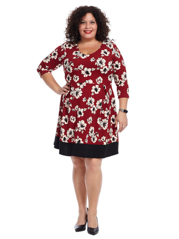Burgundy Floral Fit And Flare Dress