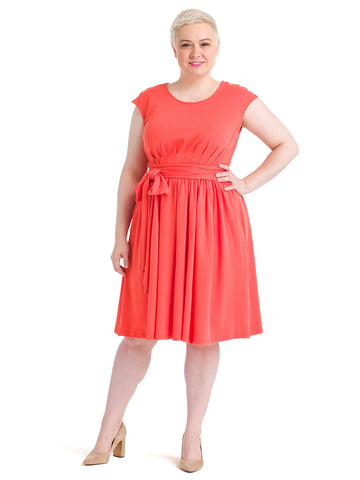 Waist Tie Coral Fit And Flare Dress