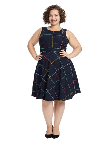 Navy Zig Zag Print Fit And Flare Dress