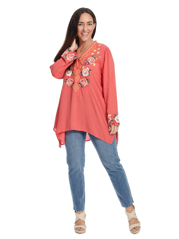 Roll Up Sleeve Coral Embroidered Top