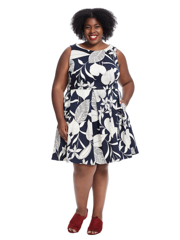 Sleeveless Scuba Fit And Flare Dress In Leaf Print