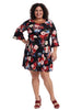 Bell Sleeve Black Floral Fit And Flare Dress