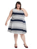 V-Neck Navy And White Stripe Fit And Flare Dress