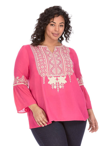 Bell Sleeve Embroidered Fuchsia Top