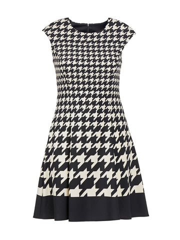 Black and Ivory Houndstooth Fit-and-Flare Dress