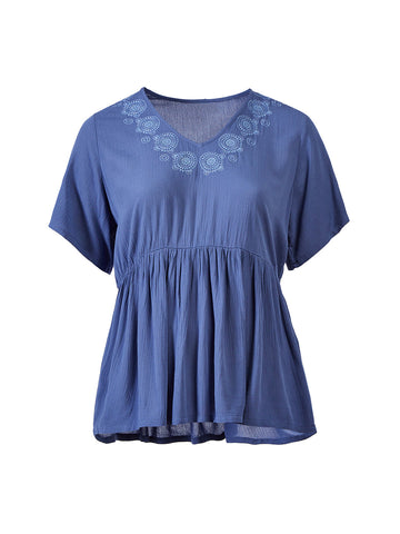 Embroidered Blue Babydoll Top