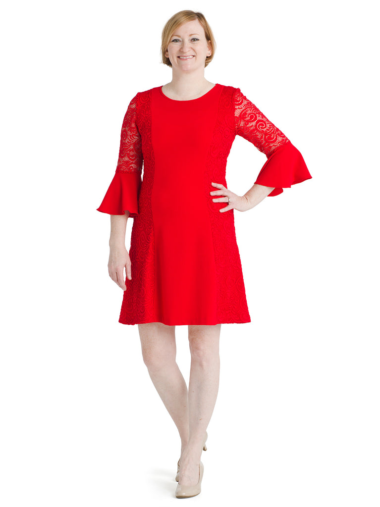Bell Sleeve And Lace Red Fit and Flare Dress