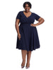 Short Sleeve Navy Surplice Fit And Flare Dress