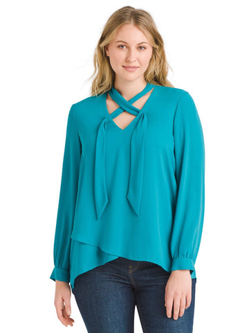 Tie Neck Crossover Peacock Blouse