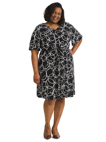Circular Print Tie Waist Fit And Flare Dress