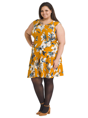 Mustard Floral Fit And Flare Dress
