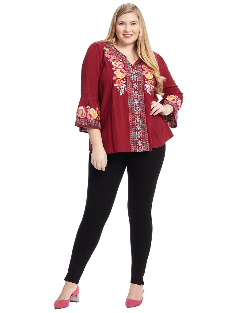 Bell Sleeve Embroidered Burgundy Top