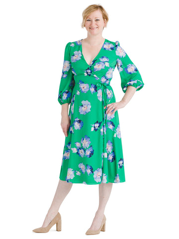 Blue And Green Floral Faux Wrap Midi Dress