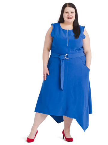 Zipper Front Belted Blue Dress