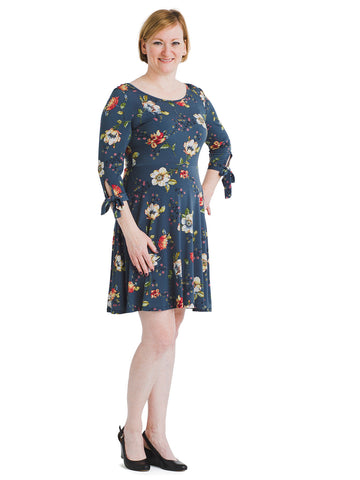 Tie Sleeve Blue Floral Fit And Flare Dress