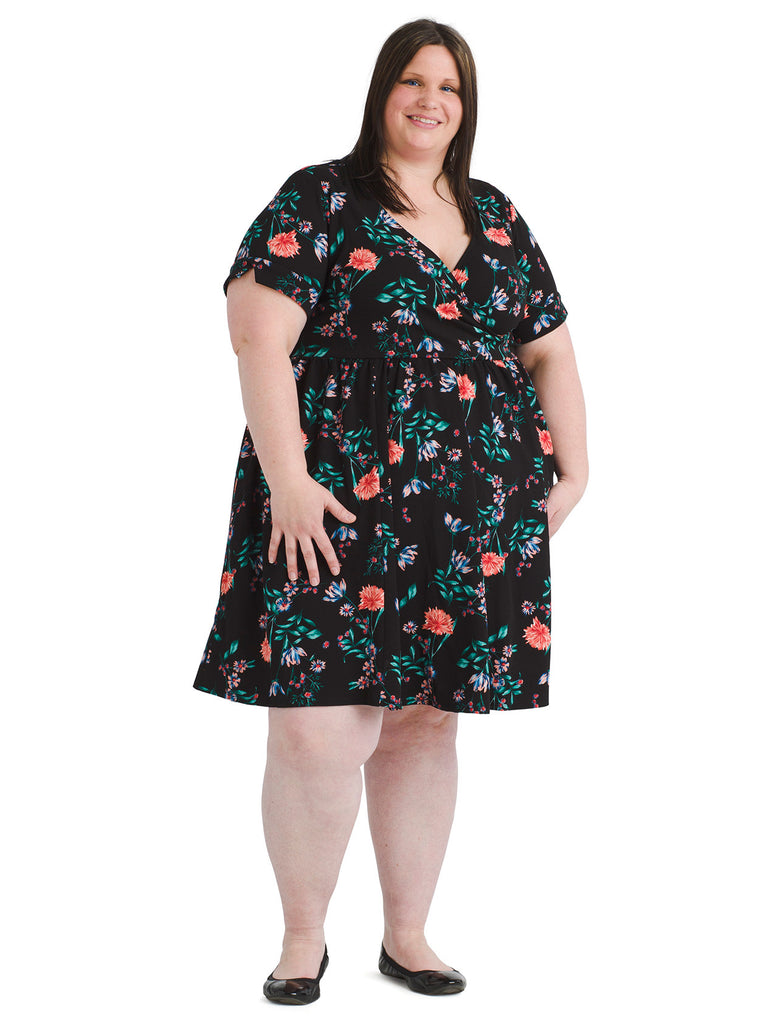 Surplice Floral Fit And Flare Dress
