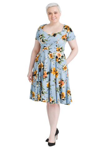 Blue And Gold Floral Fit And Flare Dress