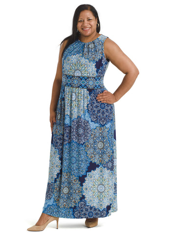 Blue Dahlias Pleated Neck Maxi Dress