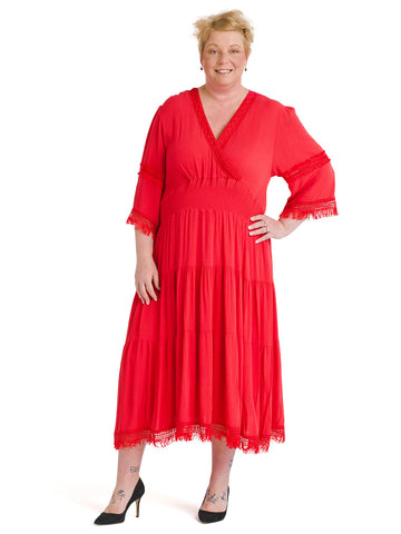 Smocked Waist Red Midi Dress