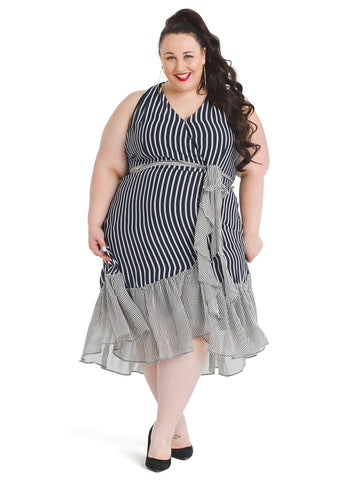 Mixed Stripe Ruffle Front Dress