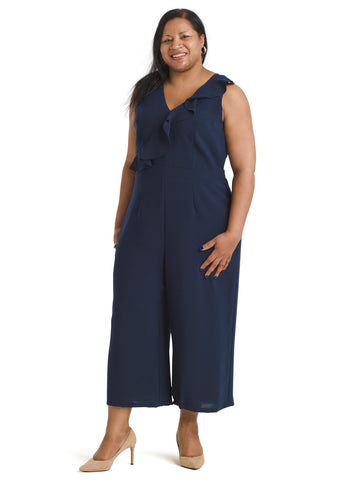 Ruffle Front Navy Cropped Jumpsuit
