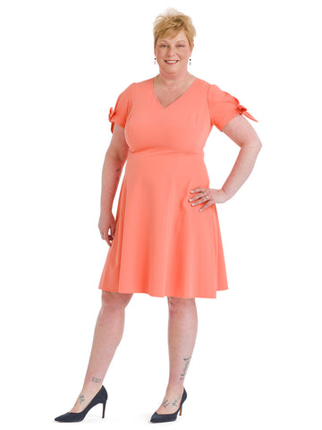 Peach V-Neck Tie Sleeve Fit and Flare Dress