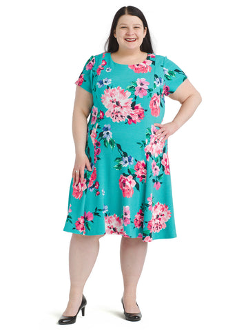 Turquoise Floral Fit And Flare Dress