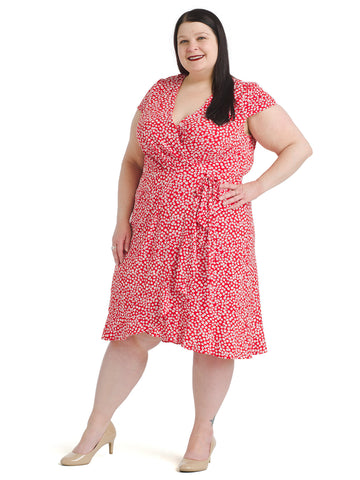 Red Ditsy Floral Faux Wrap Dress