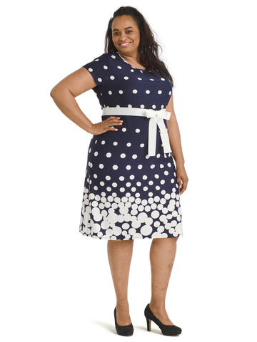 Navy And White Dot Fit And Flare Dress