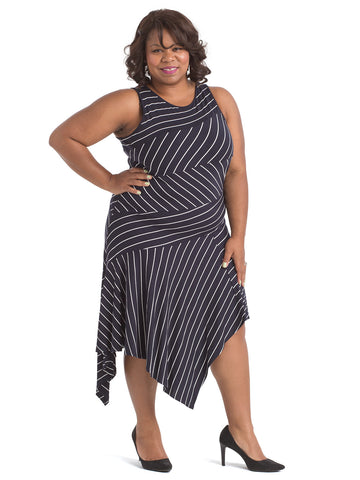 Sleeveless Asymmetrical Hem Stripe Midi Dress