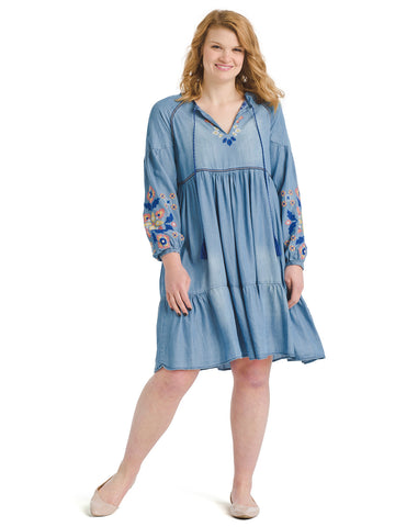 Embroidered Tiered Chambray Dress
