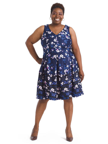 Navy Blossom Fit And Flare Dress