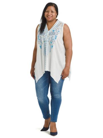 Sleeveless Embroidered Front White Top