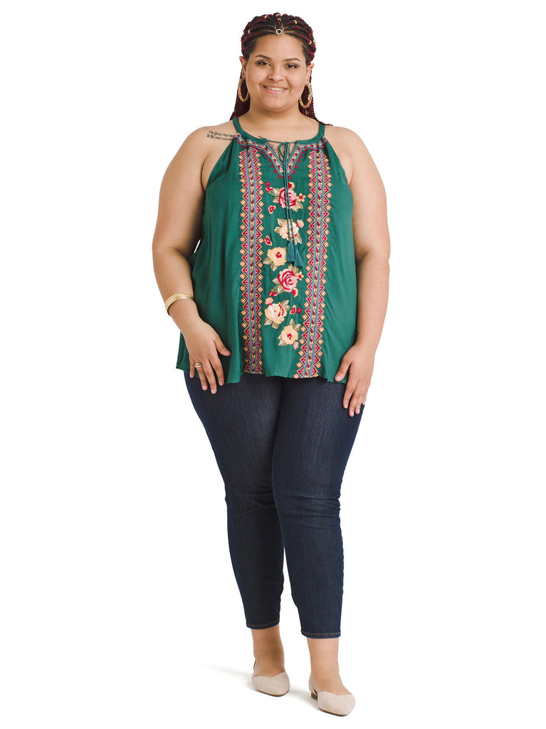 Embroidered Pine Green Tank Top