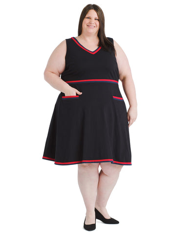 Red Trim Black Fit And Flare Dress