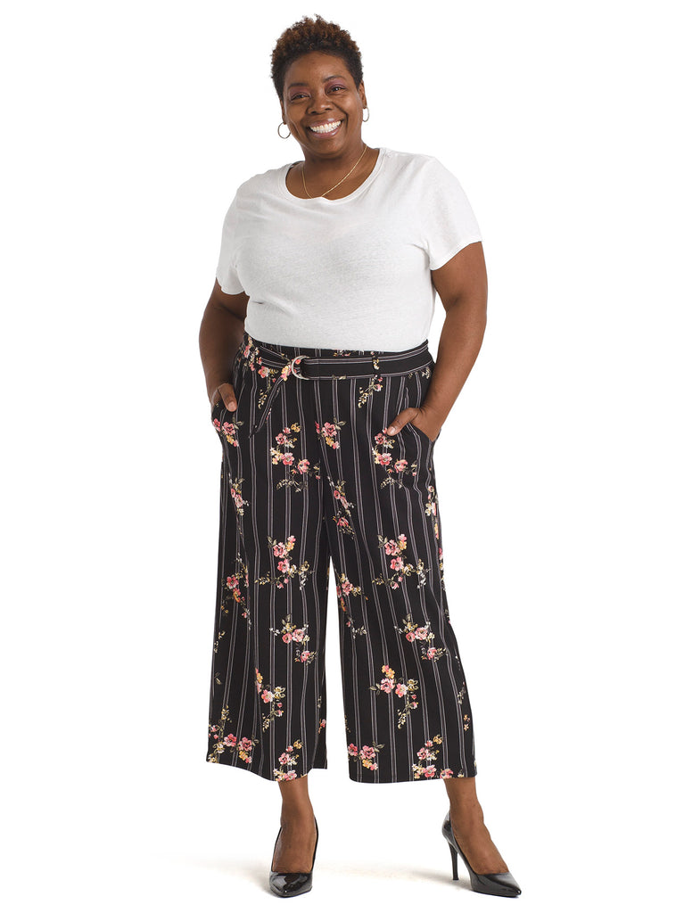 Floral Wide-Leg Pull-On Crop Pants
