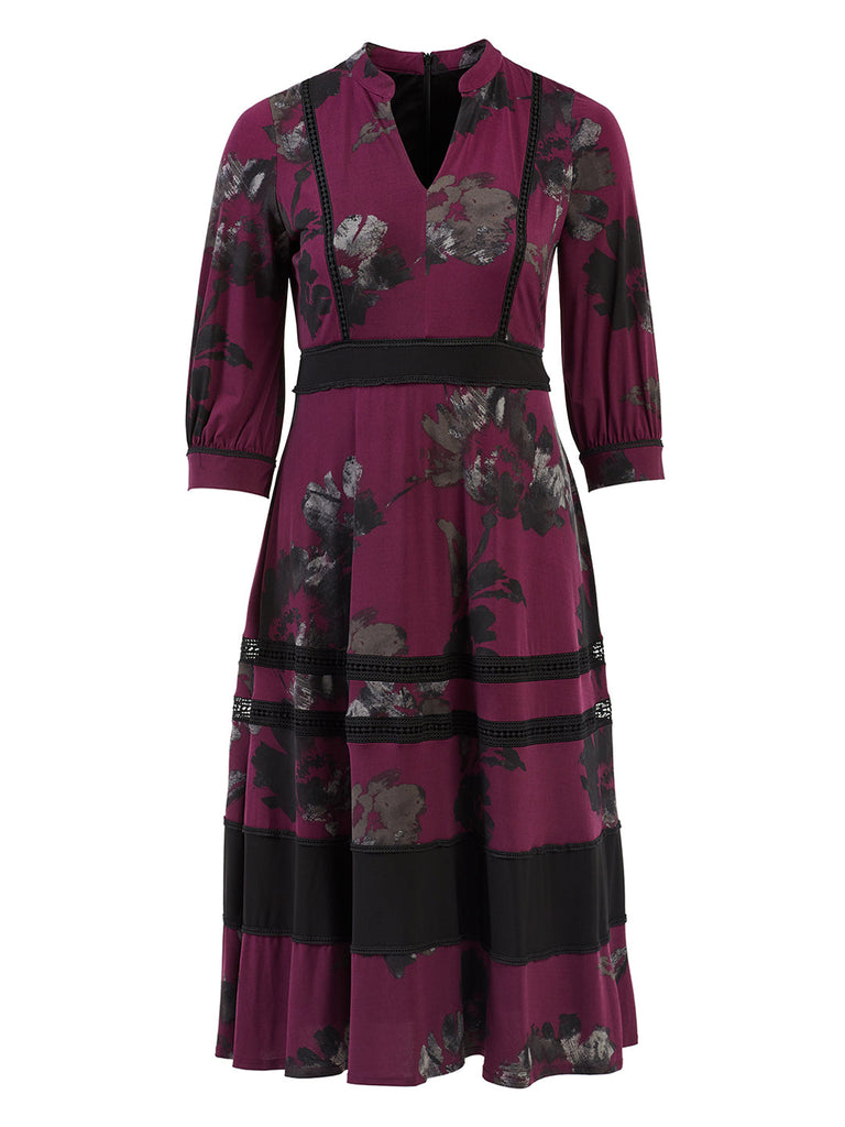 Boysenberry Floral Print Black Stripe Midi Dress