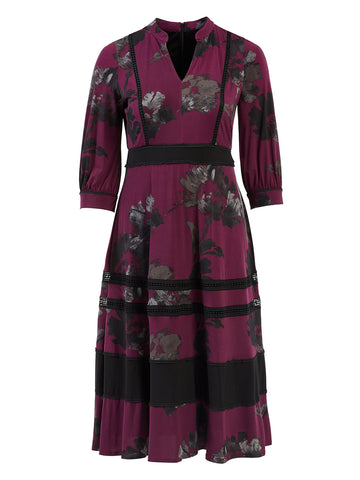 Boysenberry Floral Print Black Stripe Midi Dress