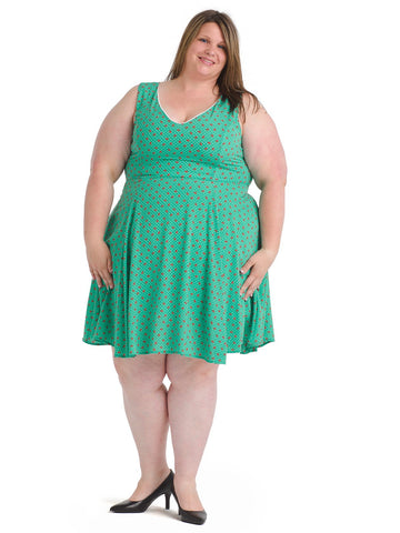 Cherry Print Polka Dot Green Fit And Flare Dress
