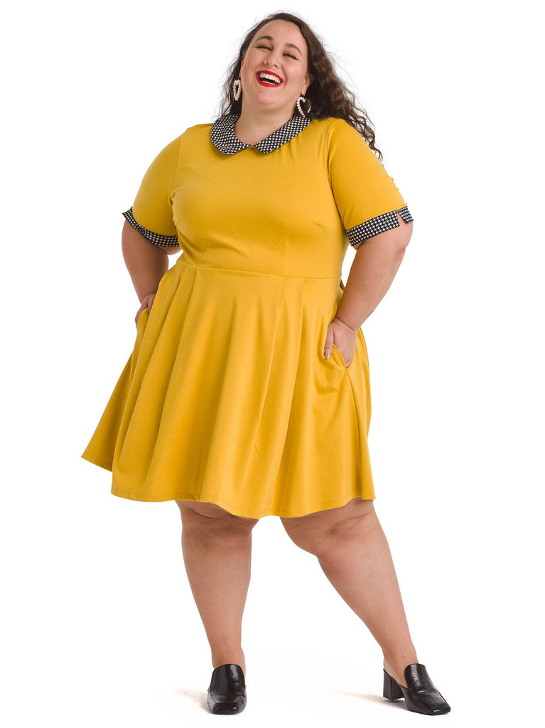 Contrast Collar Yellow Fit And Flare Dress