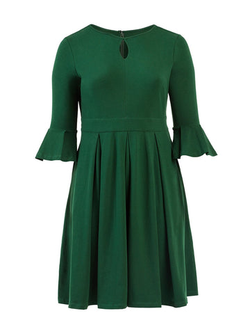 Pleat Detail Green Fit-And-Flare Dress