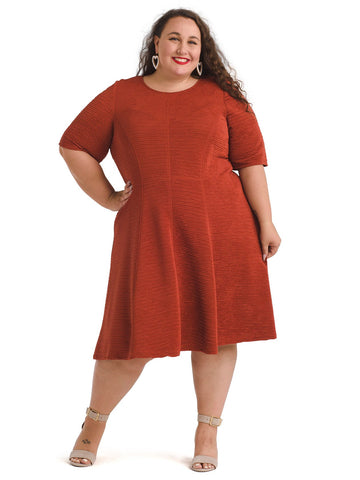 Textured Rust Colored Fit and Flare Dress