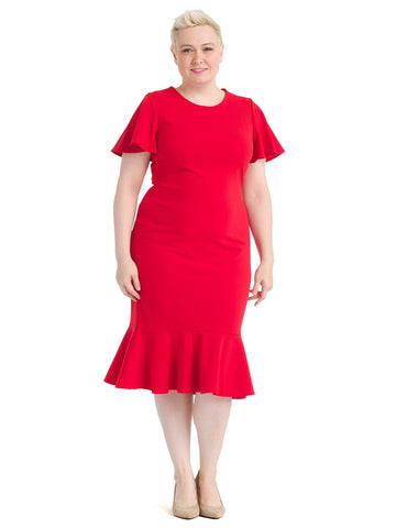 Deep Red Flounce Hem Sheath Dress