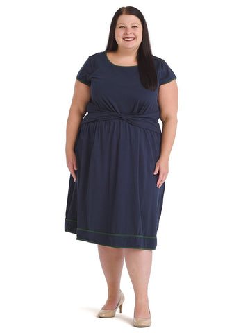 Green Piping Navy Fit And Flare Dress