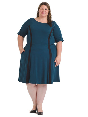 Contrast Trim Blue Fit And Flare Dress