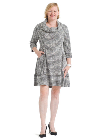 Knit Tweed Cowl Neck Fit And Flare Dress