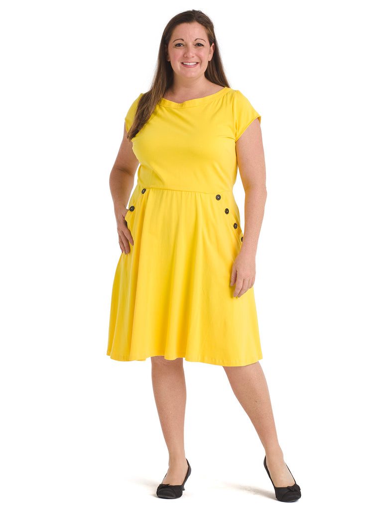 Button Detail Yellow Fit And Flare Dress