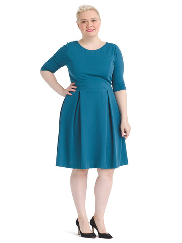 Three-Quarter Sleeve Teal Fit And Flare Dress