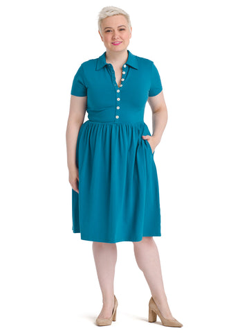 Button Front Teal Fit And Flare Dress