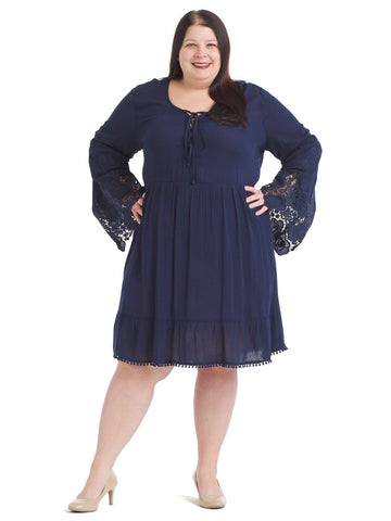 Sleeve Detail Navy Fit-And-Flare Dress